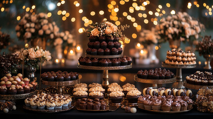 Fototapeta premium A black and gold wedding candy bar with an array of chocolates, cupcakes, and mini cakes on display under the glow of fairy lights at night. Commercial photograph, soft lighting, light background.