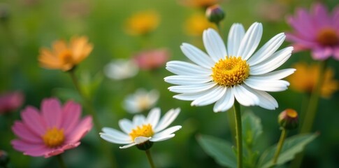 Fototapeta premium Close-up of chamomile blossoms amidst vibrant foliage , calm, macro