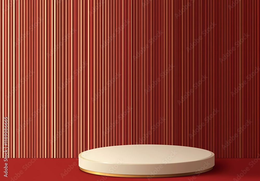 Poster abstract red background with golden line art and round podium for product display presentation. vect