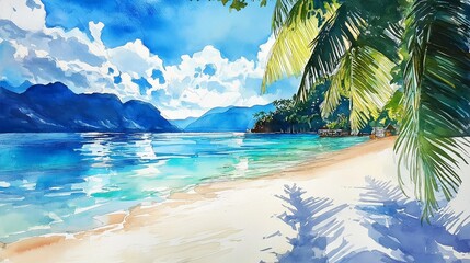 Fototapeta premium Vibrant watercolor painting of a tropical beach paradise, symbolizing summer relaxation, travel destinations, artistic expression, and the beauty of nature in warm tones, Generative AI