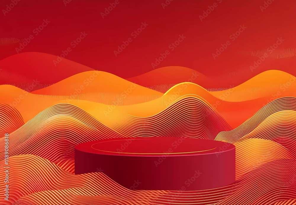 Poster abstract red background with golden line art and round podium for product display presentation. vect