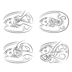 Collection of beautiful lady profile. Girl in beauty salon. Woman washes hair with water at hair salon car wash. Vector illustrations set