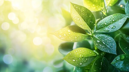 Fototapeta premium Morning dew on green leaves nature close-up vibrant freshness
