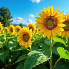 Obraz premium Close-up view of sunflower heads, lush greenery , flowerhead, countryside