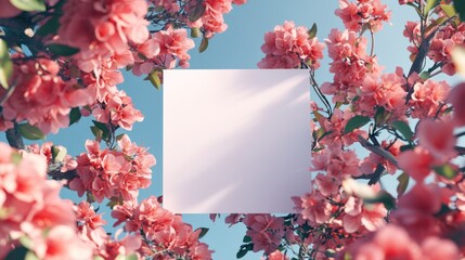 Obraz premium Blank Mockup Square Framed by Pink Blossom Trees Against a Light Blue Sky