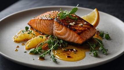 A sleek, minimalist design showcasing a modern gourmet dish: delicately grilled salmon fillet with fresh herbs, presented on a white plate with a small drizzle of vibrant citrus sauce.