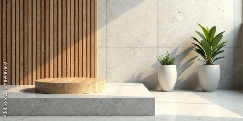 Poster minimalist wooden and concrete display platform with greenery
