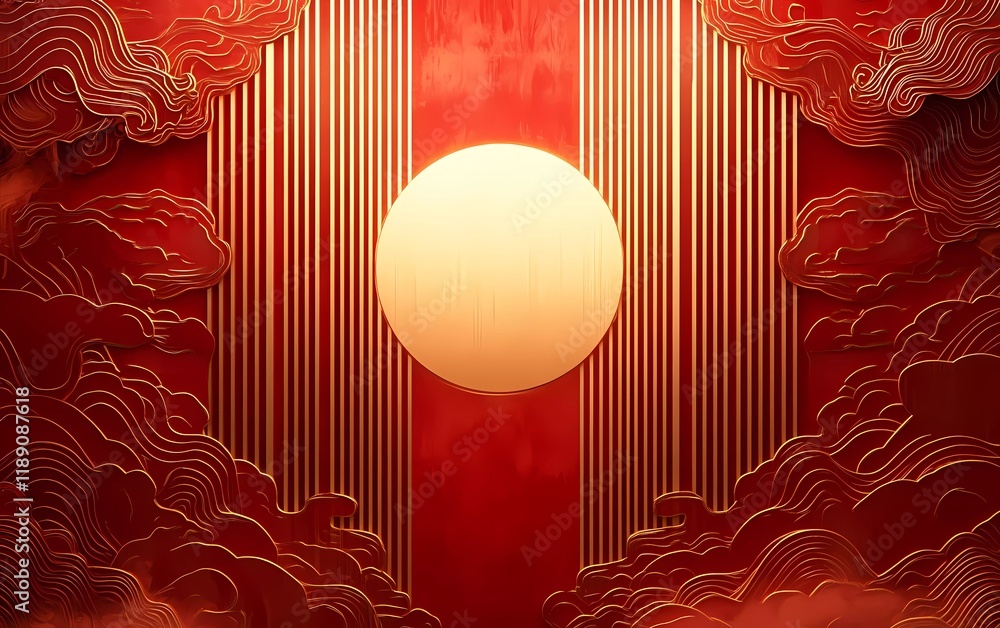 Poster chinese new year background with a golden line frame and a red paper-cut style pattern, using a flat