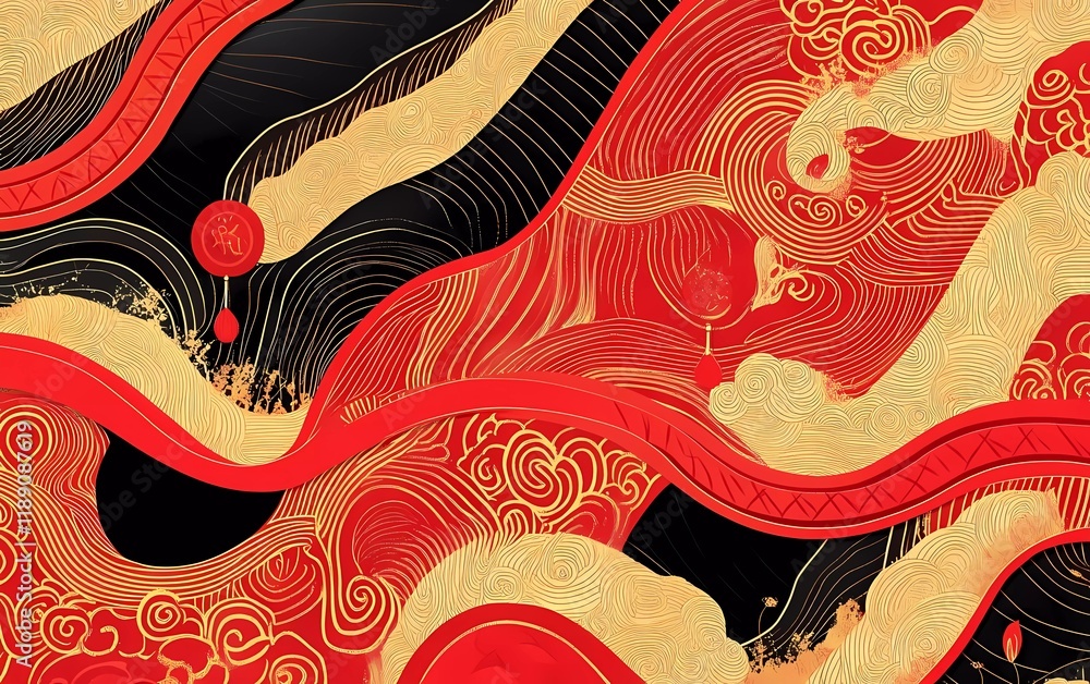 Aufkleber chinese new year background with a golden line frame and a red paper-cut style pattern, using a flat