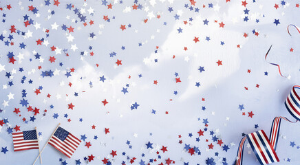 Obraz premium Patriotic American scene, wooden table background, scattered red white and blue confetti, small American flags, striped party hats, festive atmosphere, 4th of July celebration, Independence Day decor,
