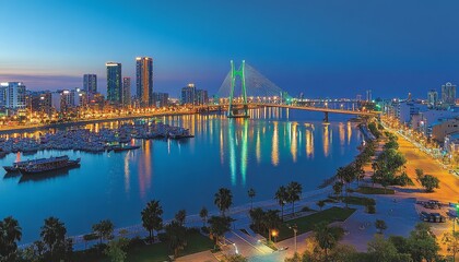Aerial View of Modern Cityscape with Bridge Illumination at Twilight, Da Nang, Vietnam
