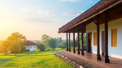 Obraz premium A serene landscape featuring a traditional building beside lush green fields at sunrise.