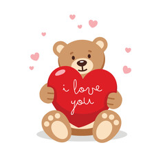 Teddy bear holding a red heart with I love you text. Valentine's day, Birthday, Mother's Day or baby shower greeting card design.