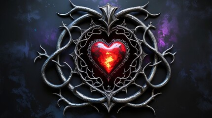 A gothic-style pattern with a glowing red heart reflection, surrounded by intricate dark metal designs on a black background