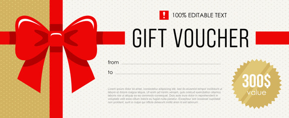 Gift voucher or certificate design template with red bow and editable text.