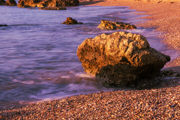 Seaside landscape at sunrise on Rhodes island Stegna beach