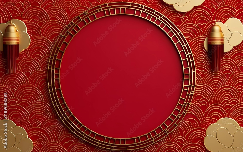 Poster chinese new year background with golden chinese elements and red paper cut style, circular frame in 