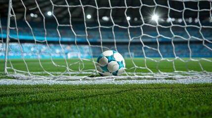 Soccer ball nestled in the goal net with a blurred stadium background for dramatic effect