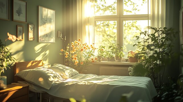 Sunlit bedroom with plants cozy home environment serene nature vibes