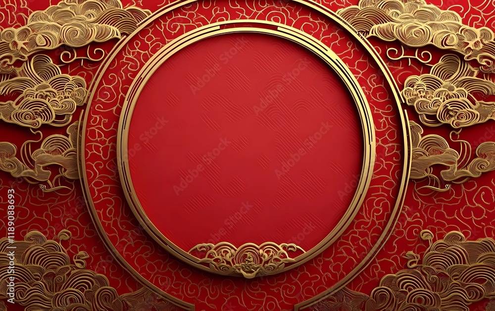 Poster chinese new year background with golden chinese elements and red paper cut style, circular frame in 