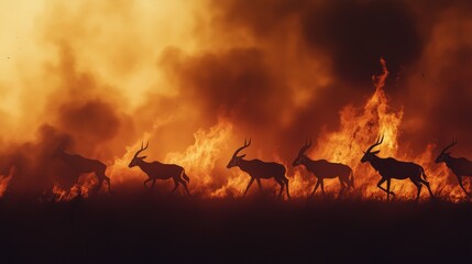 Fototapeta premium Herd of Antelope Fleeing Wildfire in Dramatic Silhouette Against Flames