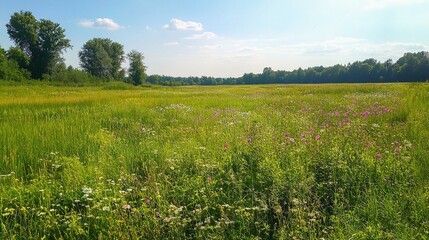 Fototapeta premium Serene Summer Meadow with Lush Green Grass and Colorful Wildflowers