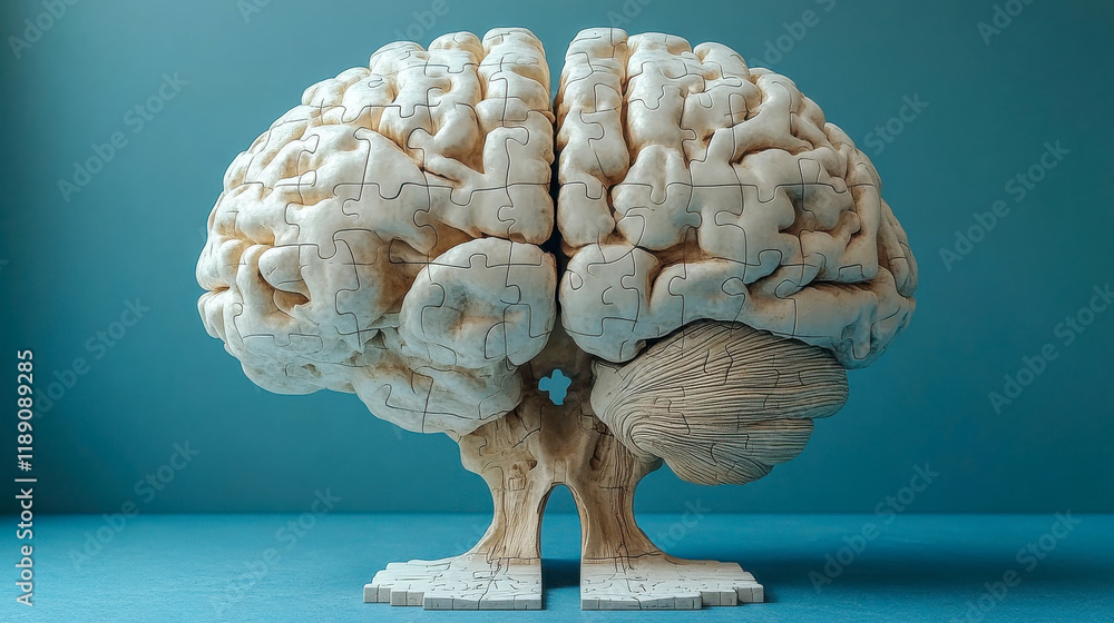 Poster a 3d representation of a human brain constructed from puzzle pieces, set against a teal background, 