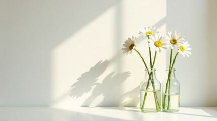 Sunlit Daisies in Glass Bottles on a White Surface, Casting Gentle Shadows