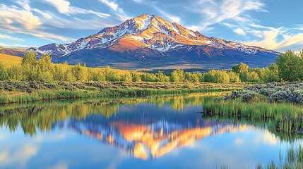 A tranquil mountain lake at sunrise, with vivid orange and red tones painting the sky, the mountaina??s silhouette perfectly mirrored in the water.
