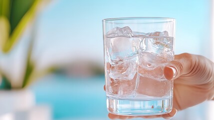 Person is holding a glass of water with ice cubes in it