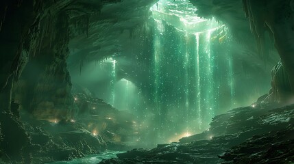 Fototapeta premium A dark alien cavern illuminated by bioluminescent creatures and flowing streams of light.