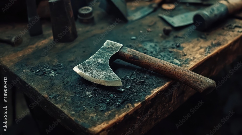 Poster handcrafted axe on a blacksmith's workbench.