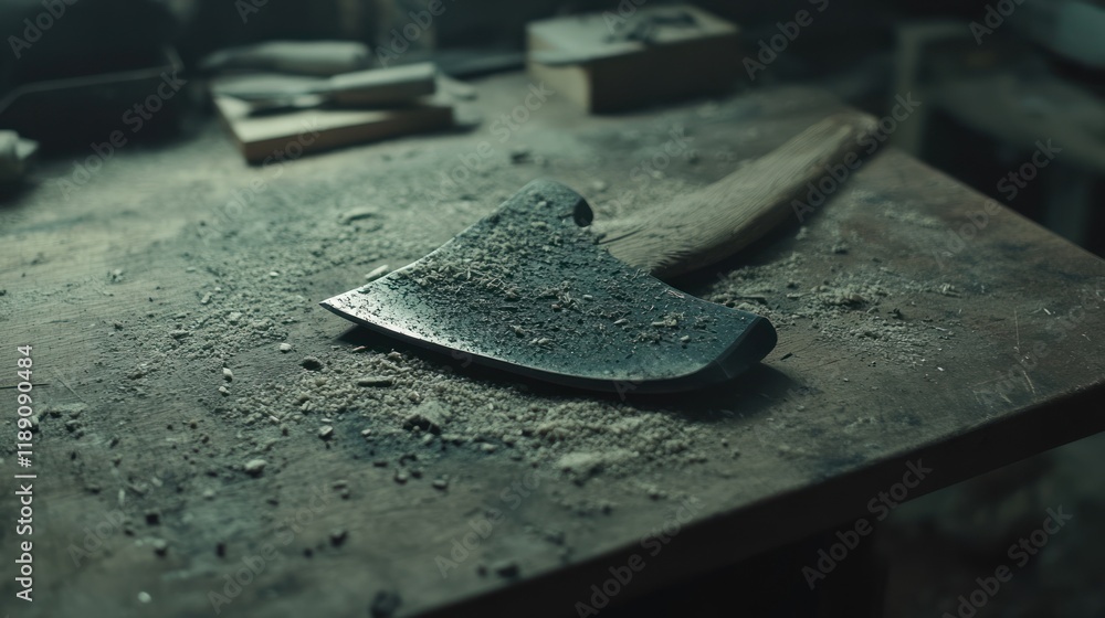 Aufkleber dusty axe on workbench in workshop.