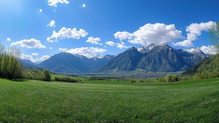 Fototapeta premium Panoramic View of Spring Green Fields with Majestic Mountain Backdrop