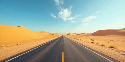 Asphalt ribbon cutting through endless golden sand dunes under a vast, clear sky