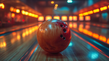 Red bowling ball on a polished wooden lane with bowling pins in the distance. Bright arcade lighting in the background