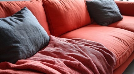 Cozy Red Sofa with Gray Pillows and Throw Blanket