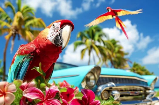 Vibrant Parrot, Tropical Flowers, and Classic Car on a Sunny Beach