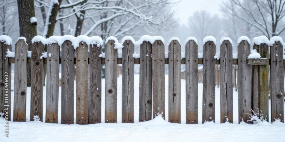 Poster rustic wooden fence covered in a fresh layer of snow during a winter wonderland scene.