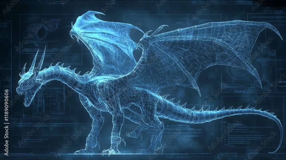 Poster Glowing holographic blueprint of a futuristic dragon, symbolizing the fusion of fantasy and technology, advanced digital engineering, and AI-driven virtual creature design, Generative AI