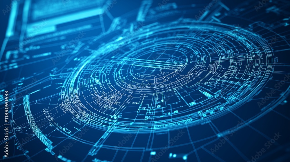 Aufkleber Futuristic holographic blueprint with advanced system schematics, symbolizing digital engineering, AI-driven design, cybernetic innovation, and the complexity of high-tech development, Generative AI