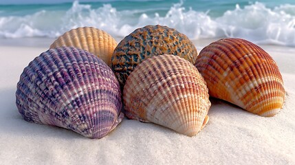 A vibrant beach scene featuring pink, orange, and blue seashells glistening under the midday sun, surrounded by tiny grains of sparkling sand.