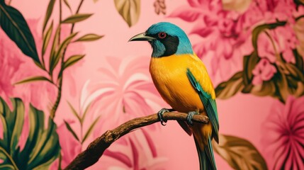Fototapeta premium Vibrant yellow and blue bird perched on branch against pink floral backdrop.