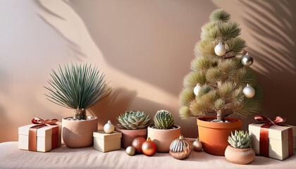 desert inspired christmas decor featuring a small tree with terracotta and beige ornaments potted succulents and cozy gifts creating a warm and natural festive vibe image made using generative ai