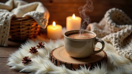Warmth and comfort a steaming mug of cocoa on a cozy wooden coaster, surrounded by soft textures and candlelight