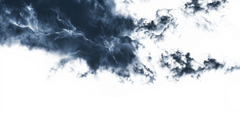 Dark rainy stormy cloud with lightning and rain isolated on transparent and white background.AI GENERATED