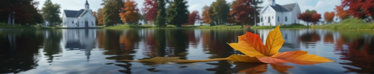 Obraz premium A solitary leaf floats on the surface of a pond in front of the Little White Church, reflection, calm water, natural world