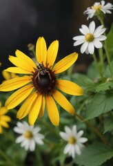 A spider perches on the edge of a bright yellow Rudbeckia hirta with delicate white flowers, white, perch