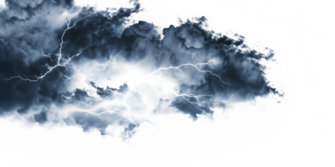 Dark rainy stormy cloud with lightning and rain isolated on transparent and white background.AI GENERATED