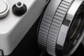 Old vintage film camera. Close up macro shot